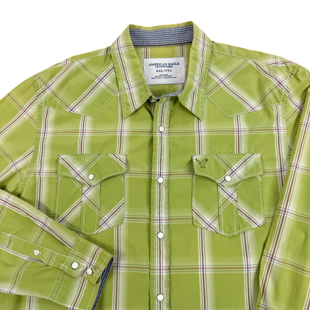 American Eagle Outfitters Shirt Mens 2XL Green Plaid Western Pearl Snap Cowboy